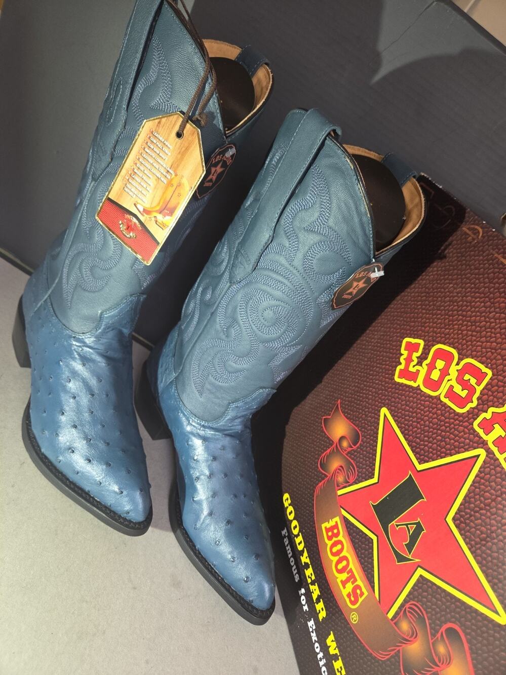 990314 BLUE JEAN LOS ALTOS OSTRICH COWBOY J-TOE BOOTS, US7.5